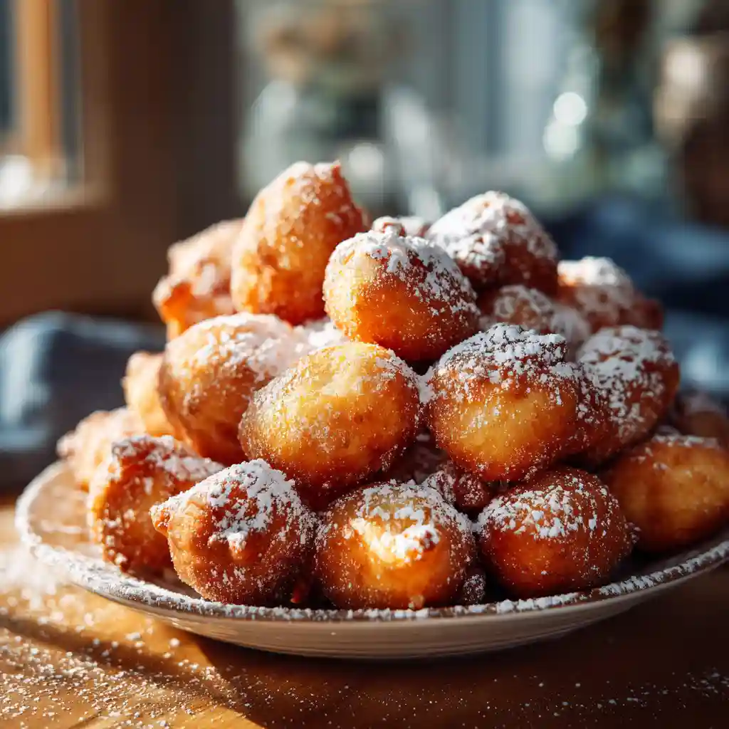 Pâte à Beignets Facile et Croustillante: La Recette Incontournable 2 Une pile généreuse de beignets dorés et croustillants, fraîchement frits et saupoudrés de sucre glace, illustrant le résultat de la recette de pâte à beignets facile.
