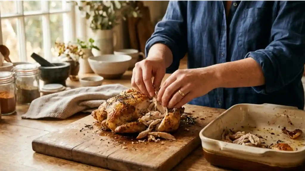 12 Idées de Recette avec des Restes de Poulet rôti: C’est Magique ! 2 Vanessa préparant des restes de poulet rôti pour une recette au four.