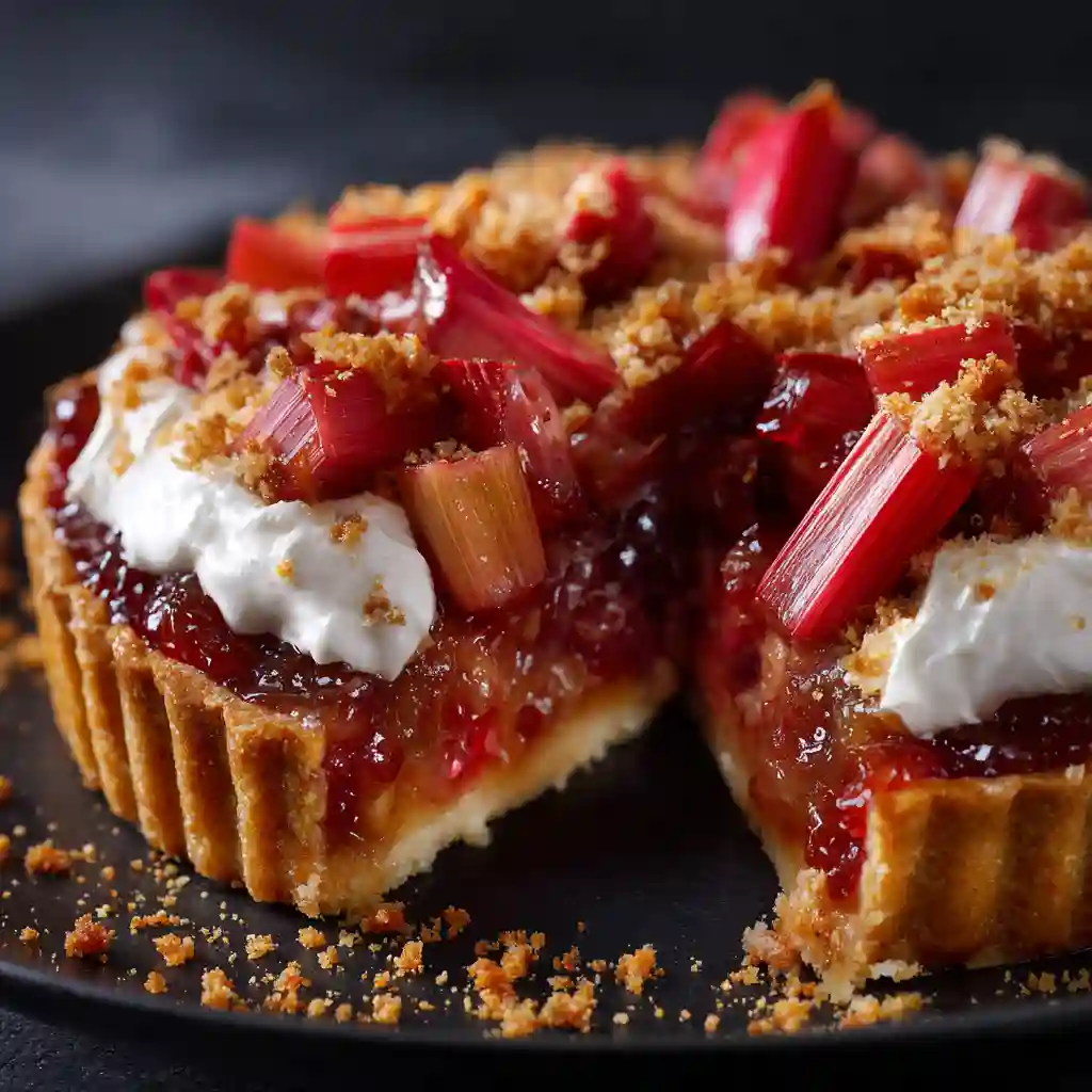 Tarte rhubarbe au four facile : La Recette Délicieuse et Facile à Réaliser 2 Tarte rhubarbe aux fruits caramélisés et bordure de pâte sablée dorée au four.
