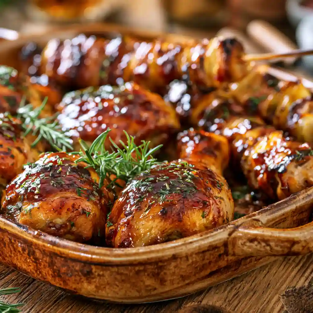 Poulet mariné au four façon barbecue : la recette facile et ultra-tendre 2 Poulet mariné au four façon barbecue caramélisé et doré, parsemé d'herbes aromatiques et de romarin dans un plat en terre cuite.