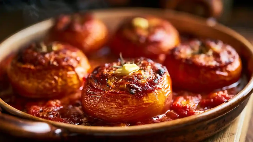 Tomates farcies au four : La recette de grand-mère au veau qui change tout ! 2 Tomates farcies au four dorées et caramélisées dans un plat en céramique