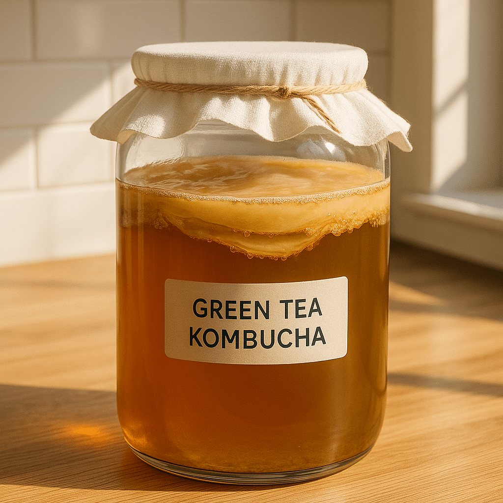 Fermentation maison de kombucha au thé vert dans une jarre