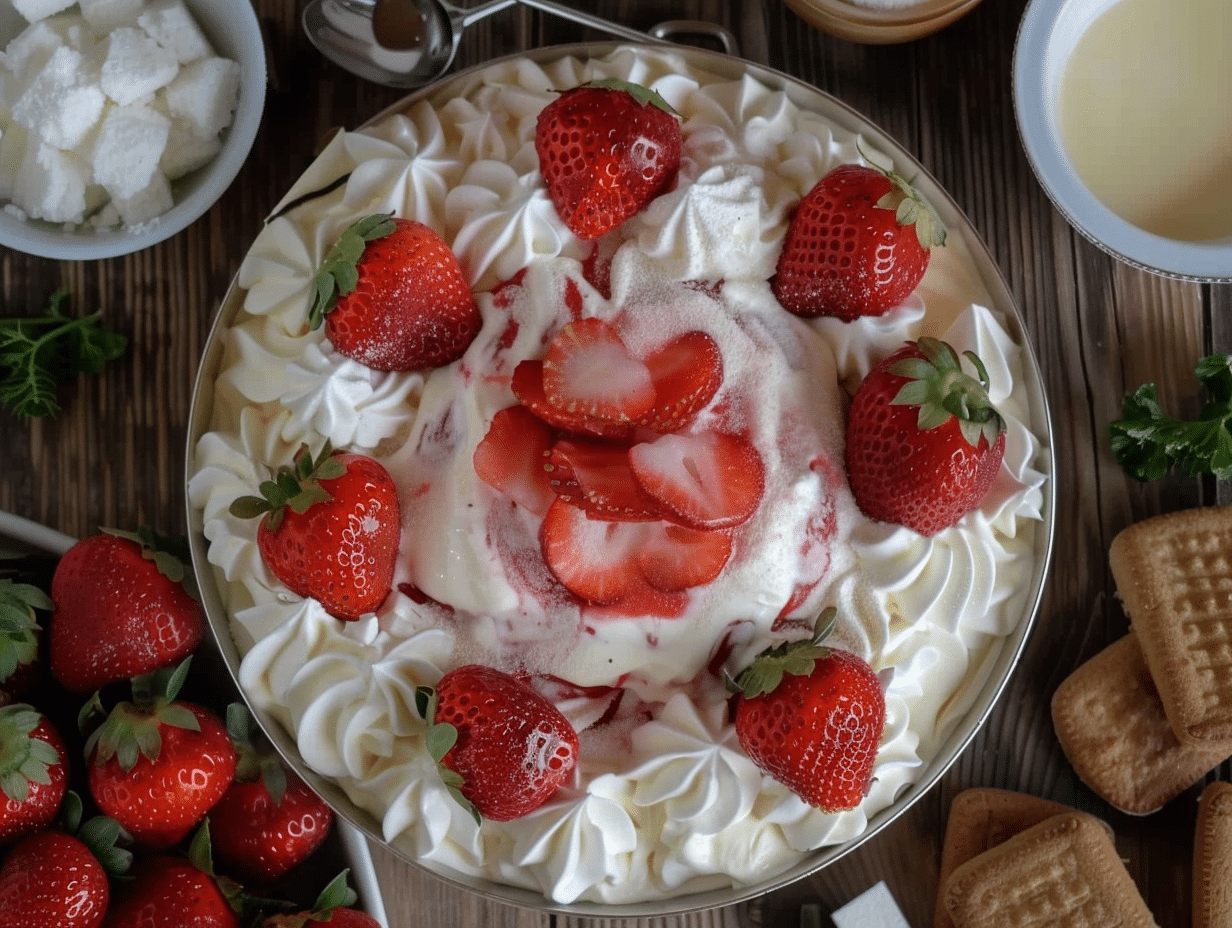 ingrédients frais pour fraisier sans cuisson : mascarpone, fraises, biscuits
