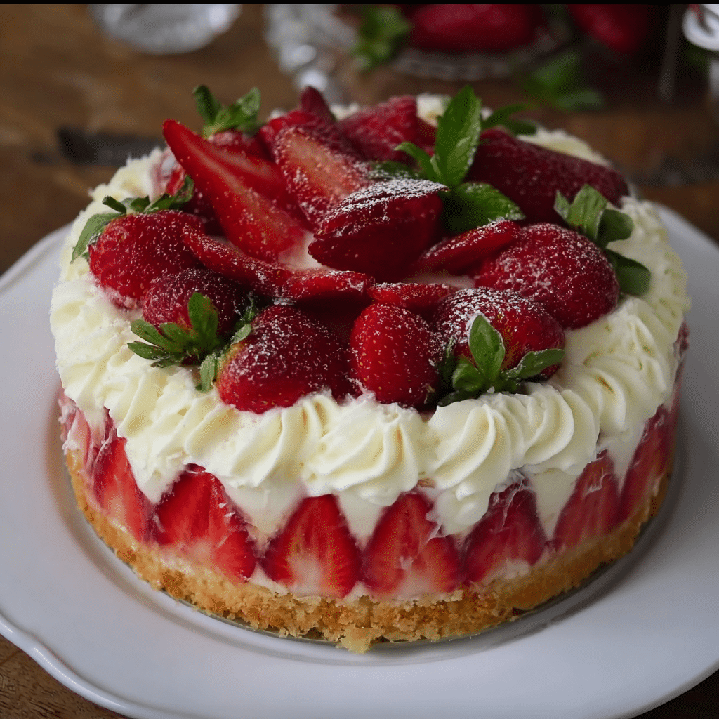 fraisier sans cuisson décoré de fraises et chantilly sur fond marbré