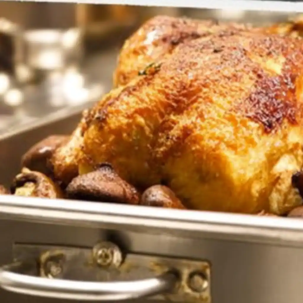 Magnifique poulet rôti au four doré avec champignons et herbes, présenté dans une rôtissoire métallique.