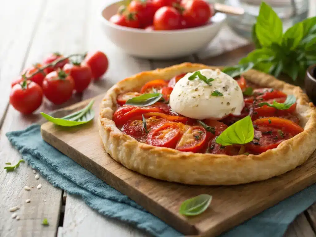 tarte tomate burrata maison sortie du four