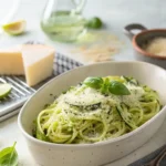 Recette courgette spaghetti au four façon carbonara servie dans une assiette creuse blanche, garnie de parmesan et de poivre.