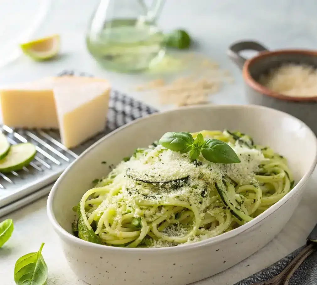 Recette courgette spaghetti au four façon carbonara servie dans une assiette creuse blanche, garnie de parmesan et de poivre.