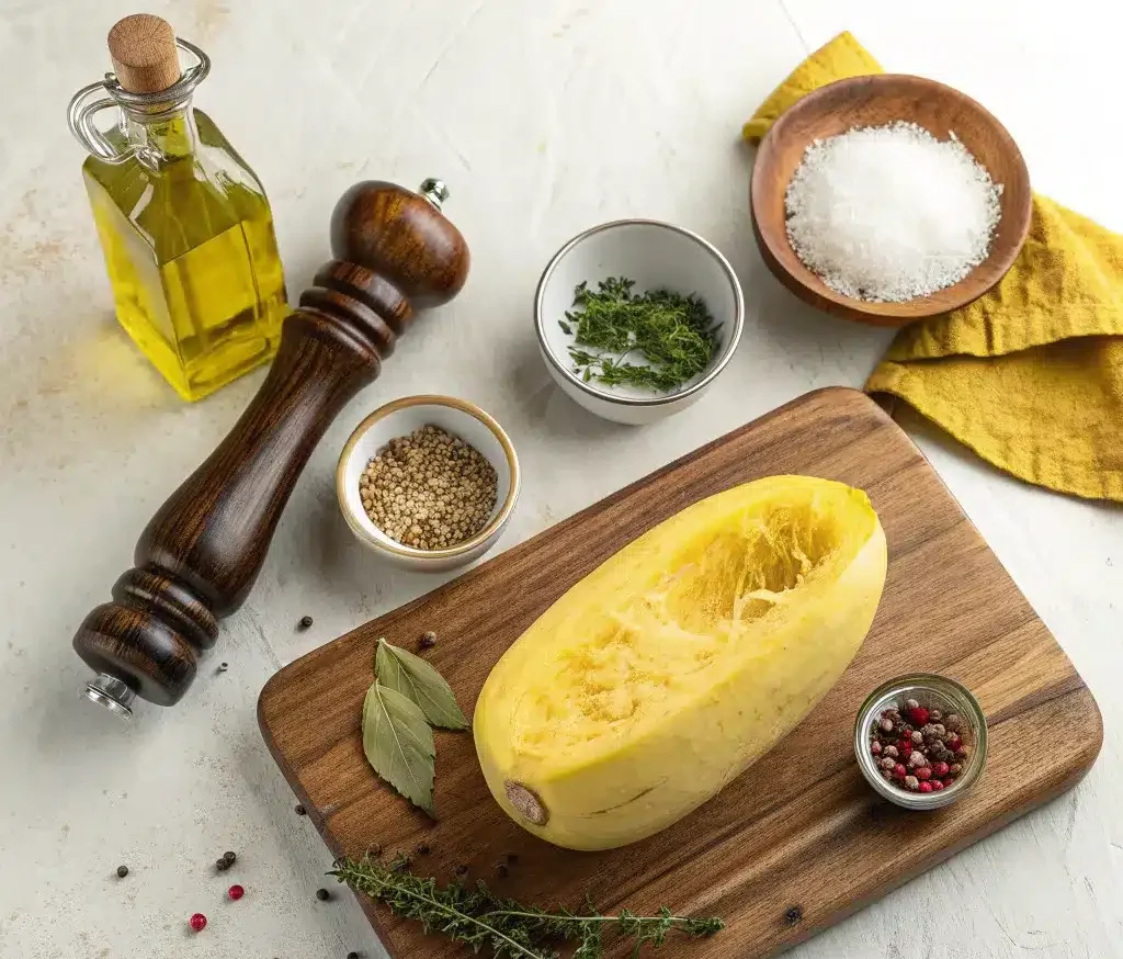 Ingrédients pour la Recette Courgette Spaghetti Au Four : une courge spaghetti entière, de l'huile d'olive et du poivre sur une planche en bois.