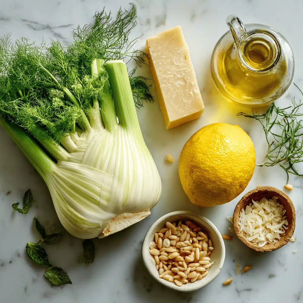 Ingrédients pour la recette fenouil en salade : fenouil, citron, parmesan, et pignons de pin