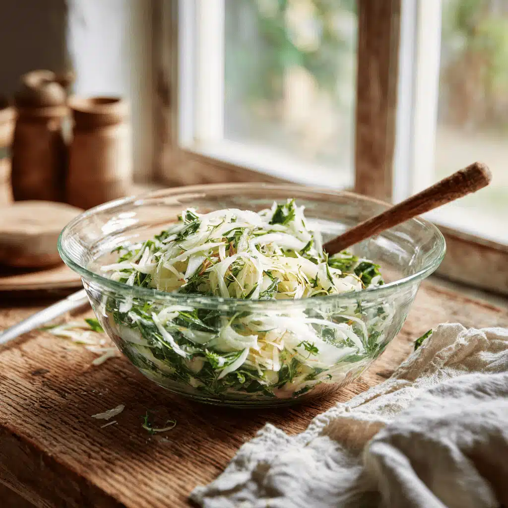 Recette fenouil en salade maison servie dans un grand bol en verre, avec une ambiance de cuisine rustique et lumineuse