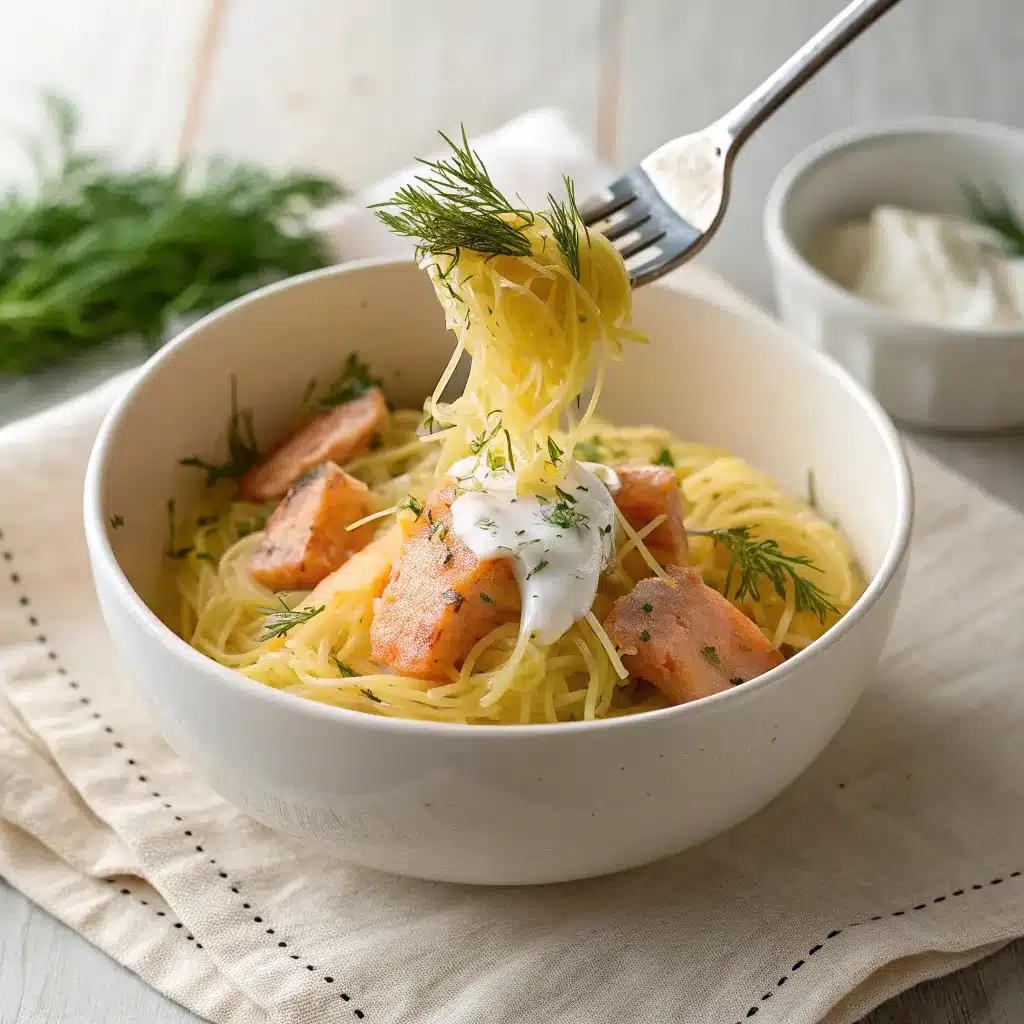 Plat final de la recette courgette spaghetti au four, servi dans une assiette blanche avec des morceaux de saumon fumé, une sauce crémeuse et de l'aneth frais.