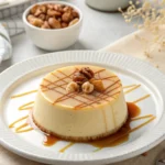 Flan Dulcey Vanille Praliné présenté en tartelette avec une décoration quadrillée de sauce praliné et des éclats de noisettes.