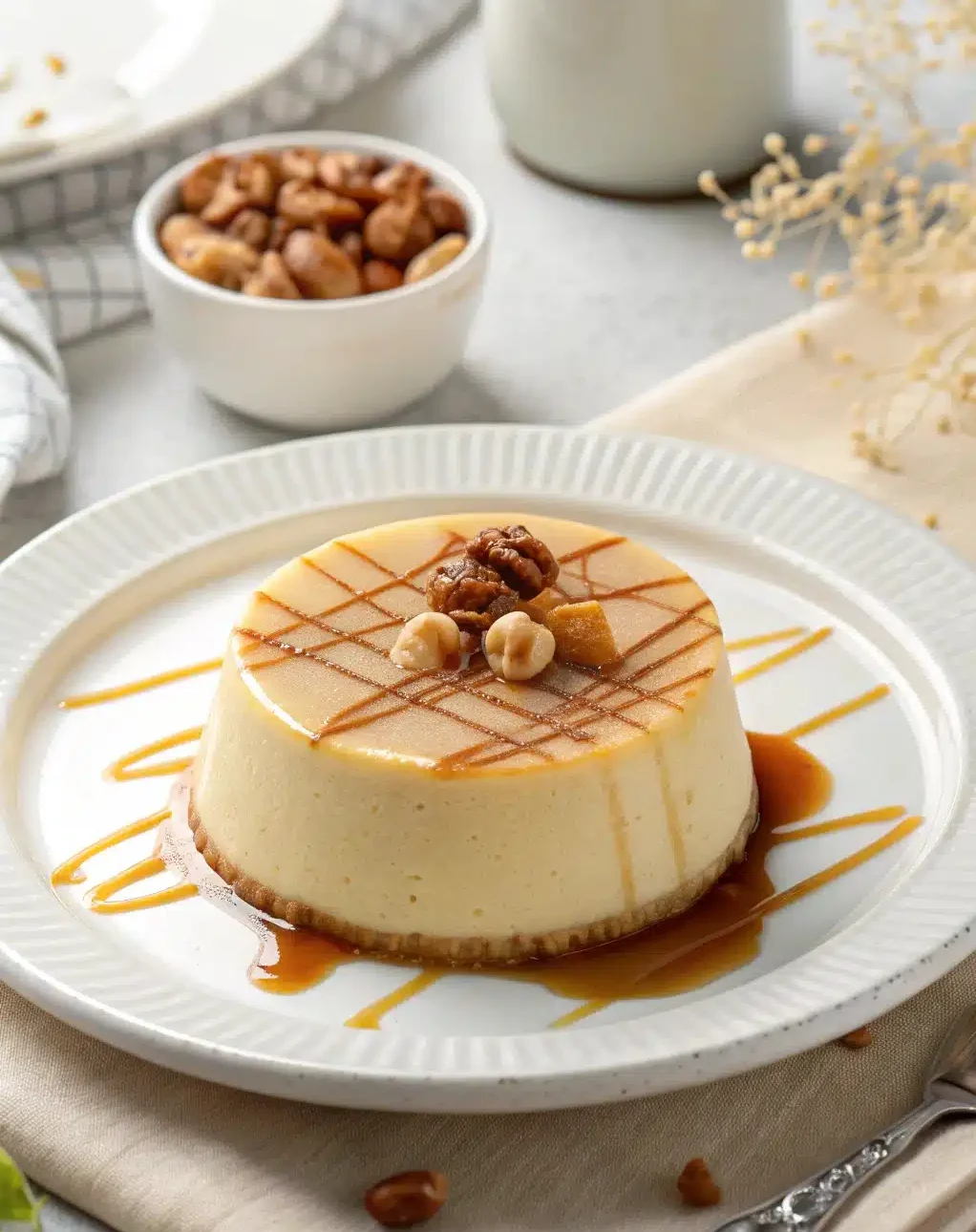 Flan Dulcey Vanille Praliné présenté en tartelette avec une décoration quadrillée de sauce praliné et des éclats de noisettes.