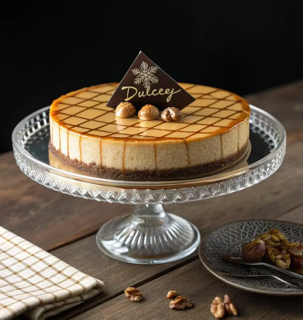 Flan Dulcey Vanille Praliné entier présenté sur un plat à gâteau en verre, avec une décoration au chocolat sur un fond sombre et élégant.