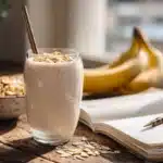Un smoothie protéiné banane avoine servi sur une table en bois pour un petit-déjeuner sain et énergisant, baigné dans une douce lumière matinale.
