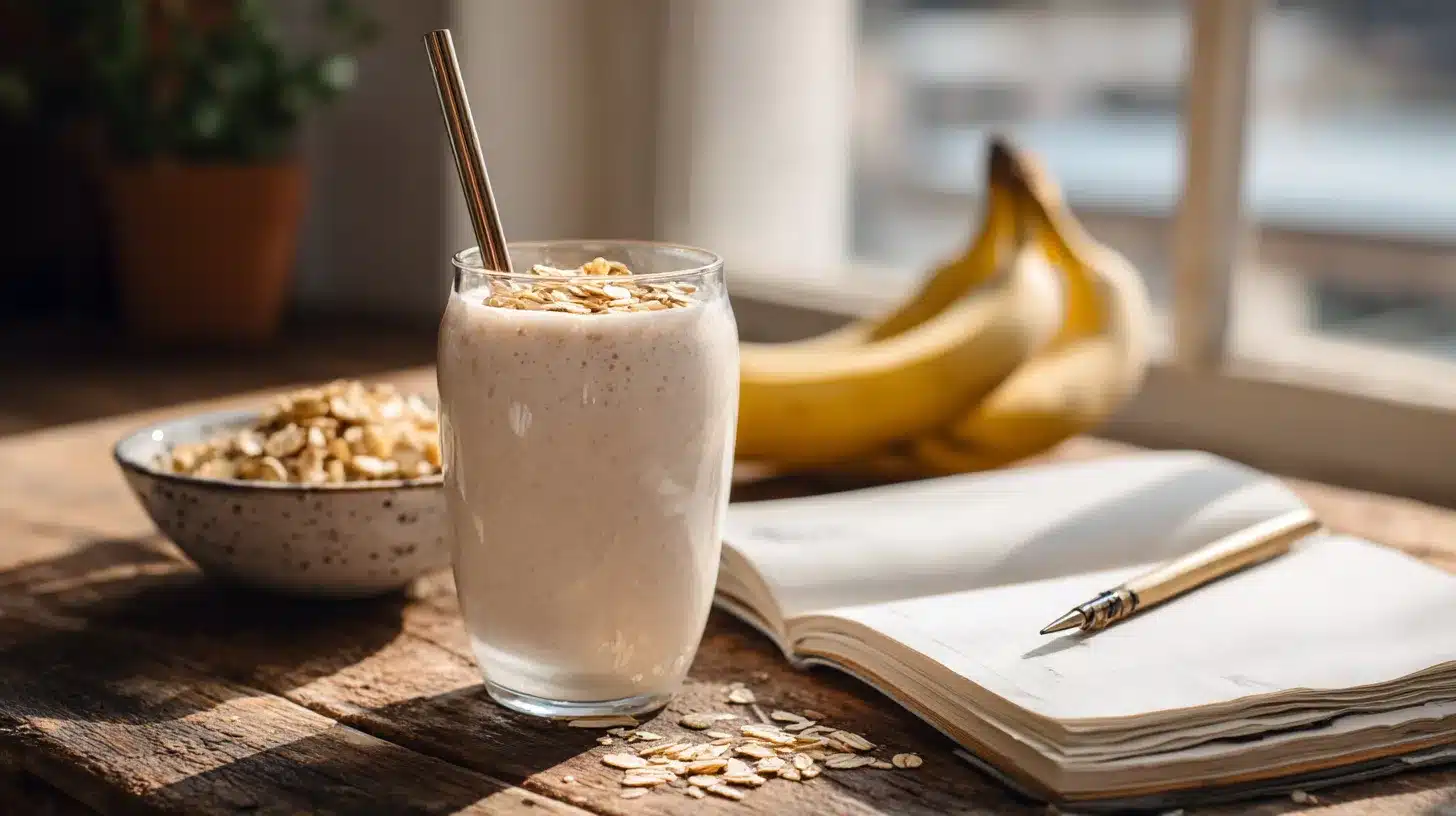Un smoothie protéiné banane avoine servi sur une table en bois pour un petit-déjeuner sain et énergisant, baigné dans une douce lumière matinale.