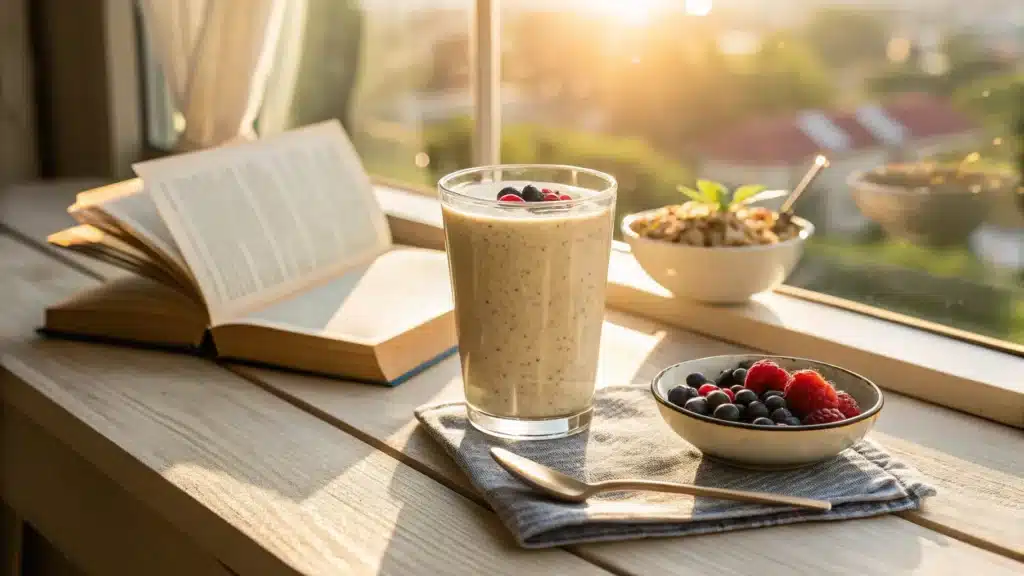 Un verre de smoothie protéiné banane avoine posé sur un rebord de fenêtre en bois, à côté d'un livre ouvert et d'un bol de fruits rouges, avec le soleil du matin en arrière-plan.