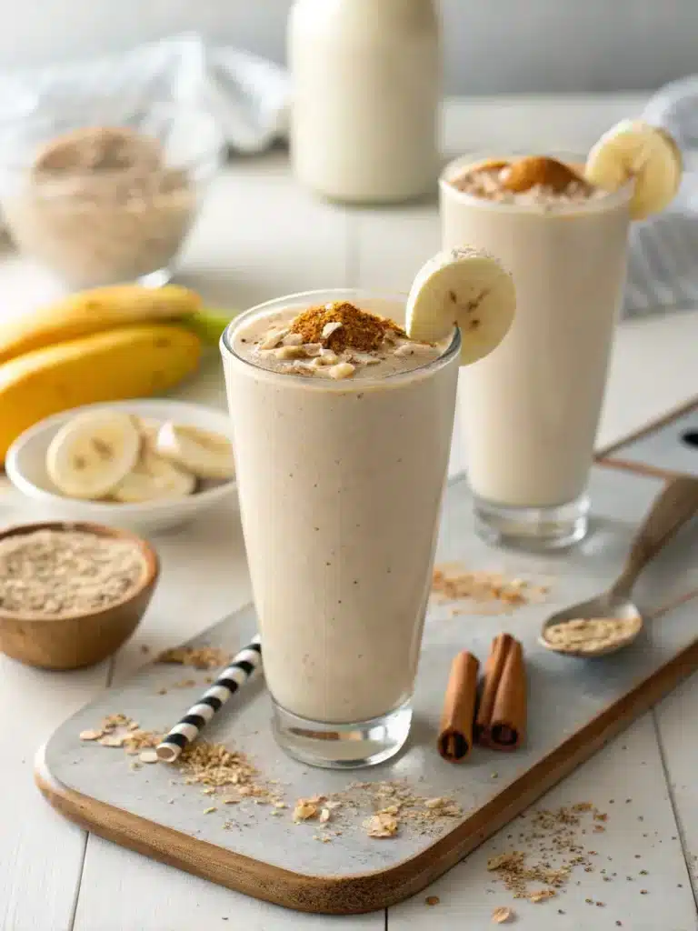 Deux grands verres de smoothie protéiné banane avoine crémeux, décorés d'une tranche de banane sur le rebord et d'une pincée de cannelle.
