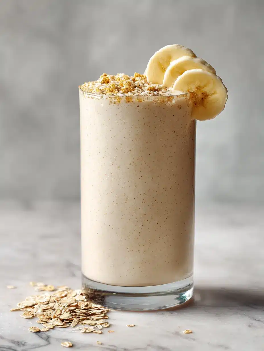 Smoothie Protéiné Banane Avoine : La Recette Ultime, Simple et Énergisante 3 Un grand verre de smoothie protéiné banane avoine onctueux, garni d'une tranche de banane et de quelques flocons d'avoine, sur un fond clair.