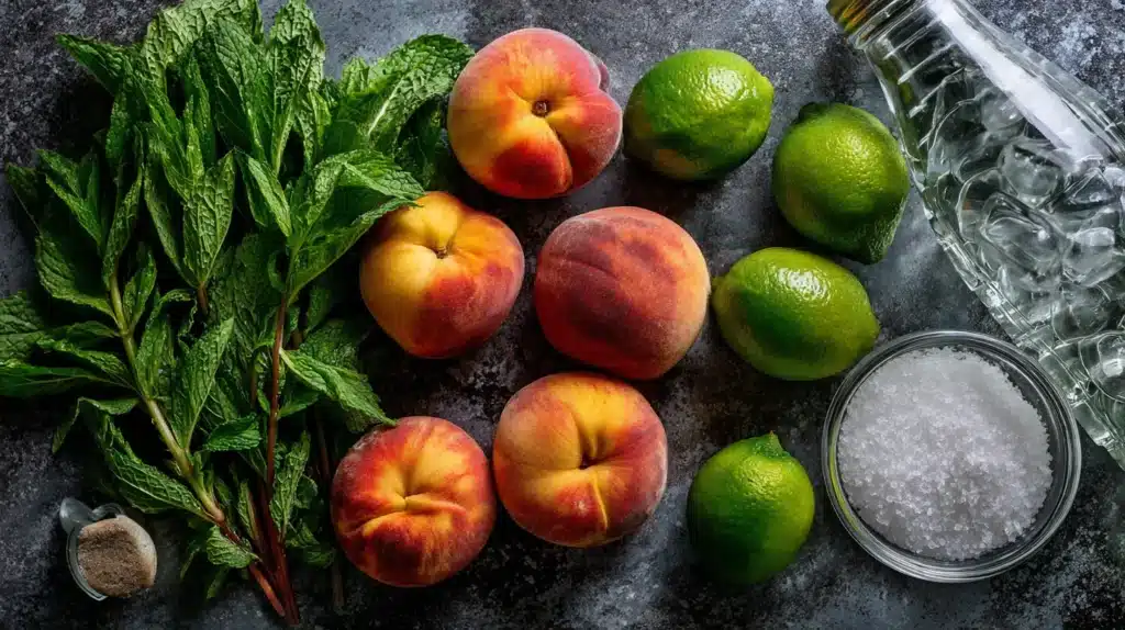 Flat lay d’ingrédients pour mojito pêche sans alcool : pêches, menthe, citron vert, sucre, eau pétillante et glace sur plan gris