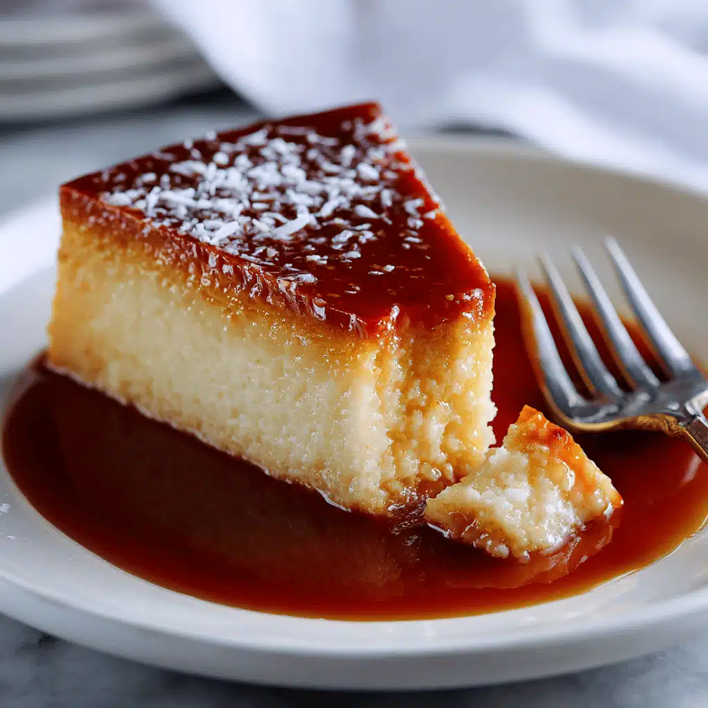 Une part de flan coco servie dans une assiette, montrant les deux couches magiques de la recette flan coco.