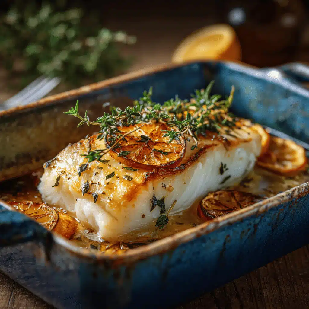 Dos de cabillaud au four doré et parfaitement cuit, garni de tranches de citron et de thym frais dans un plat en céramique.