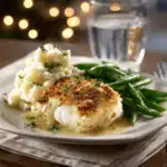 Une assiette de cabillaud au four servi avec sa garniture de purée de pommes de terre et de haricots verts.