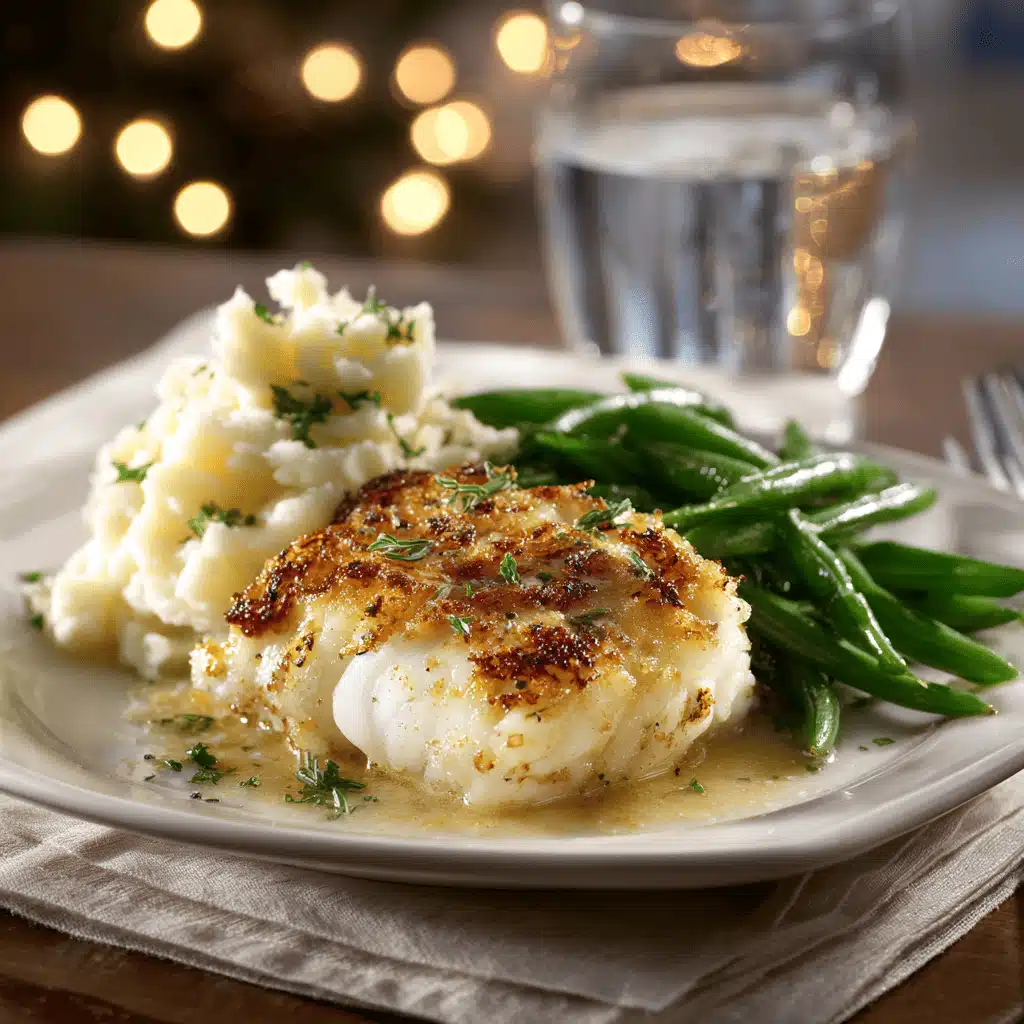 Une assiette de cabillaud au four servi avec sa garniture de purée de pommes de terre et de haricots verts.