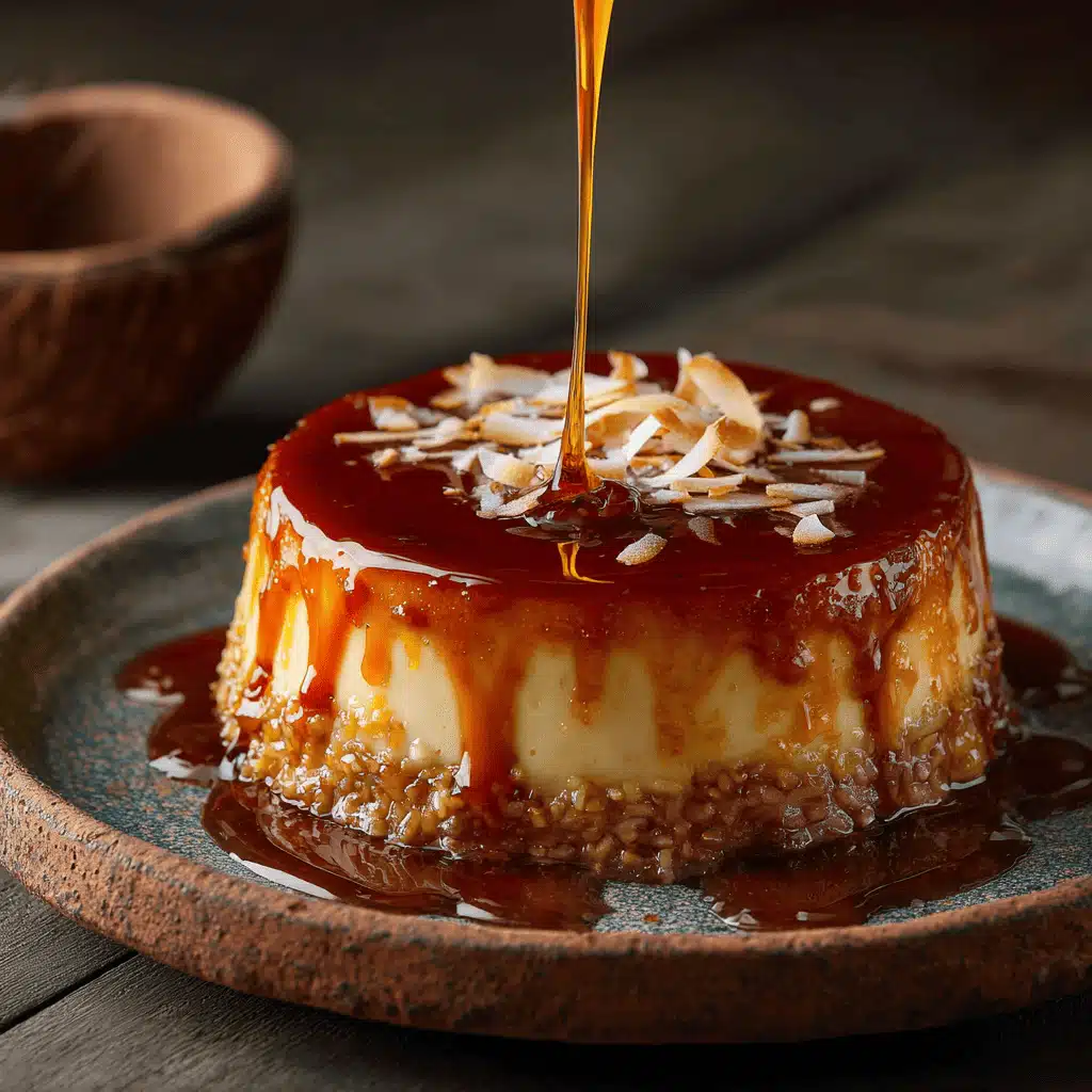 Un flan coco entier avec son caramel coulant, illustrant le résultat parfait de la recette flan coco maison.