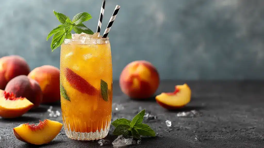 Mocktail pêche sans alcool dans un verre haut avec glaçons, tranches de pêche et menthe sur fond bleu