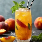 Mocktail pêche sans alcool dans un verre haut avec glaçons, tranches de pêche et menthe sur fond bleu