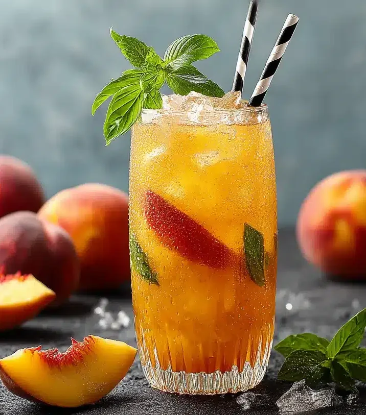 Mocktail pêche sans alcool dans un verre haut avec glaçons, tranches de pêche et menthe sur fond bleu