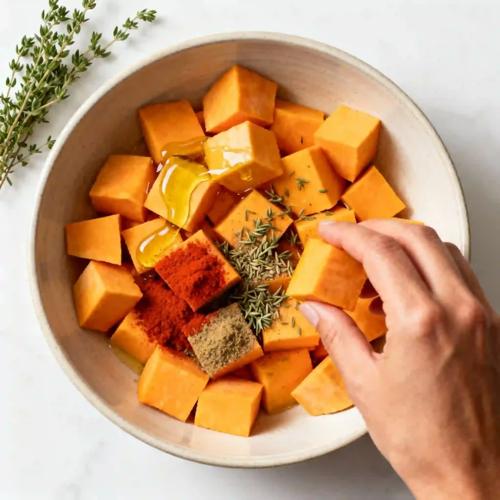 Main mélangeant des cubes de butternut cru assaisonnés d'huile d'olive, paprika, cumin et thym dans un grand bol.