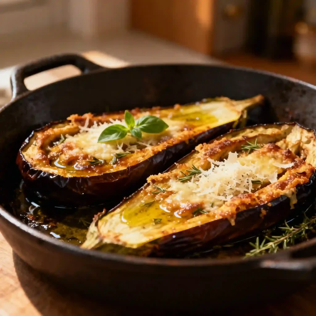 Moitiés d'aubergines au four, gratinées au parmesan, dorées et fondantes, avec herbes fraîches en garniture.