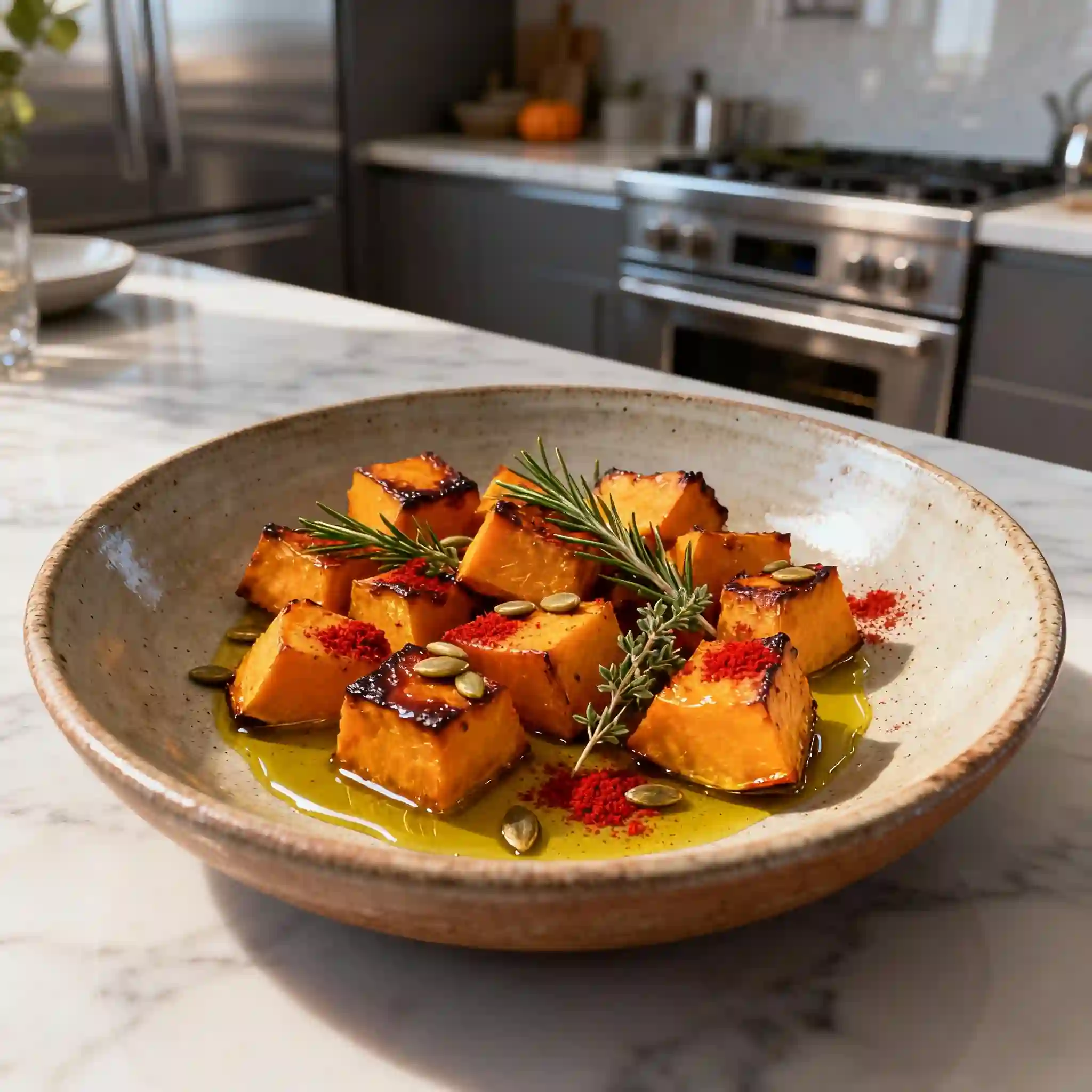 Cubes de butternut au four dorés et caramélisés, assaisonnés d'herbes et graines de courge, servis dans un bol rustique.