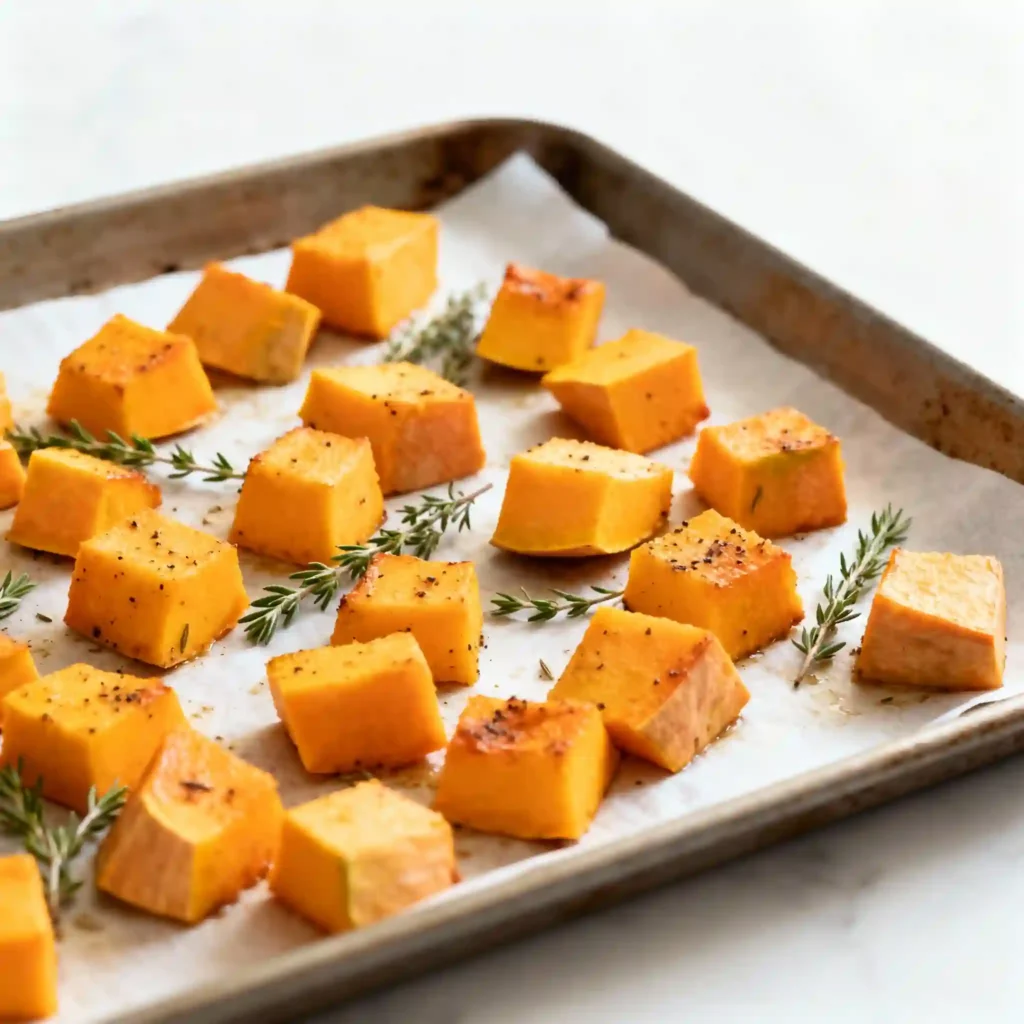 Cubes de butternut assaisonnés étalés en une seule couche sur une plaque de cuisson avec papier sulfurisé, prêts à être enfournés.