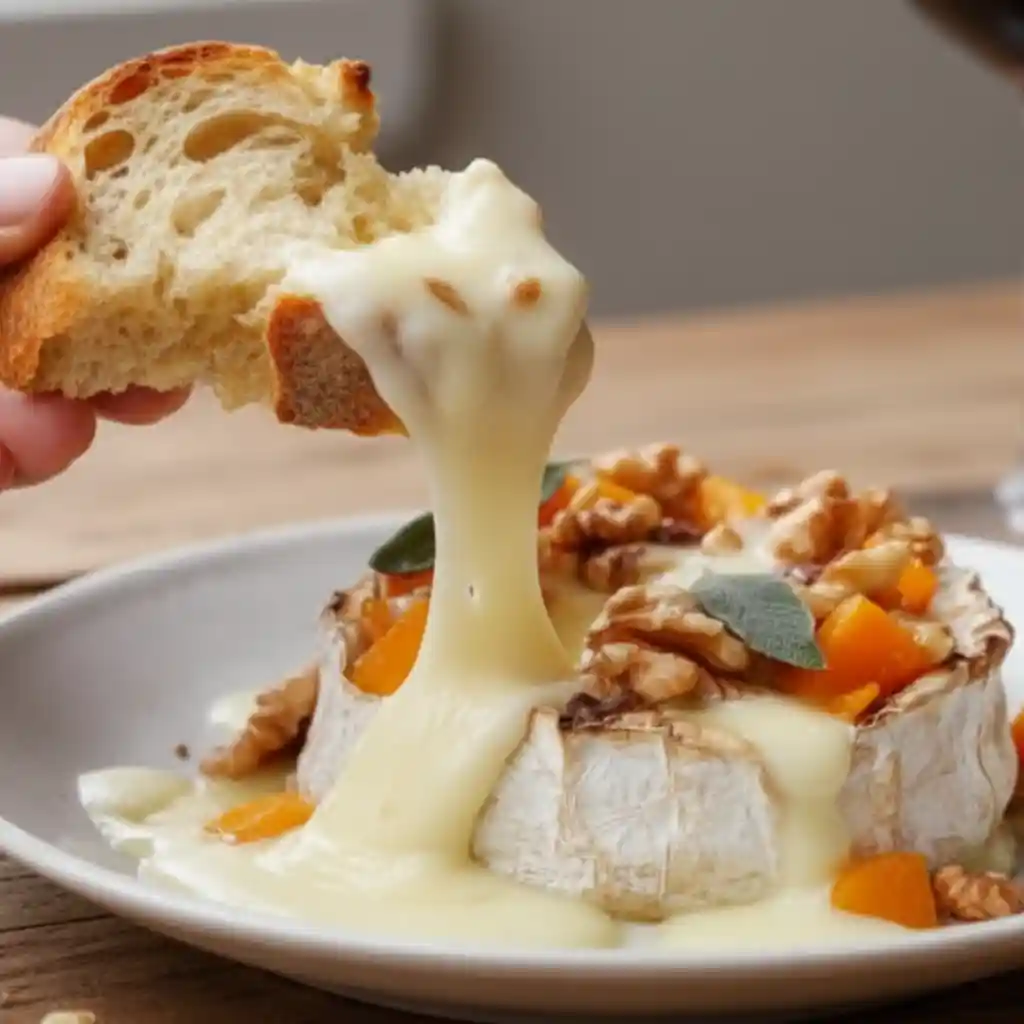 Camembert au Four Facile : Le Fromage Coulant Irrésistible 3 Morceau de pain de campagne trempé dans un camembert au four fondant et coulant, servi en apéritif.