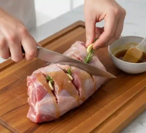 Souris d'Agneau Confite au Miel, Ail et Romarin : La Recette Fondante 5 Préparation de la souris d'agneau : entailler la viande et insérer de l'ail et du romarin avant de badigeonner de marinade.