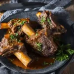 Souris d'Agneau Confite au Miel et Romarin, tendre et brillante, servie sur une assiette rustique avec des herbes fraîches.