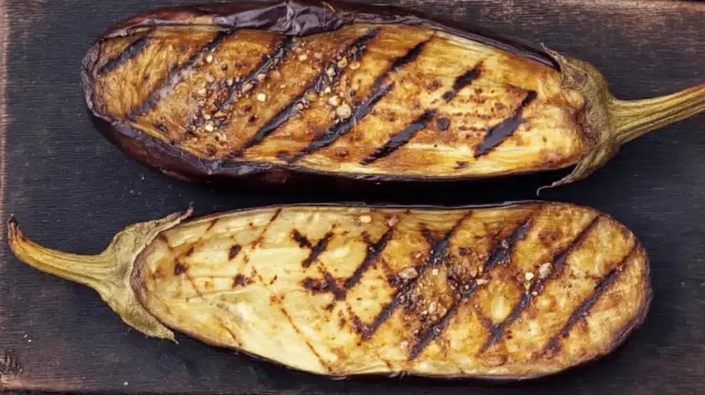 Deux moitiés d'aubergines au four, grillées avec des marques distinctes, assaisonnées sur une surface en bois rustique.