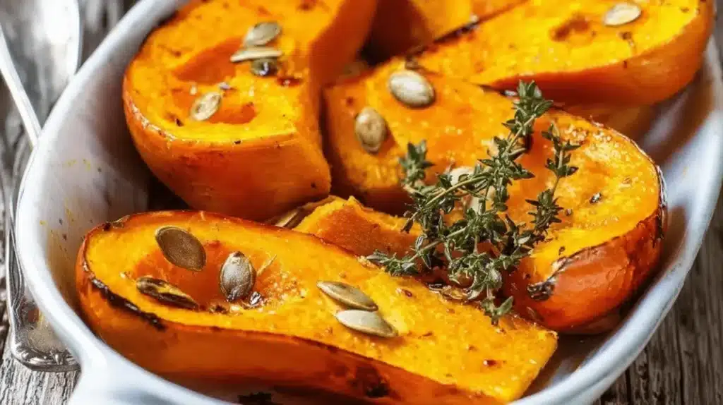 Gros plan appétissant de quartiers de courge butternut au four, garnis de graines de citrouille et de thym frais.