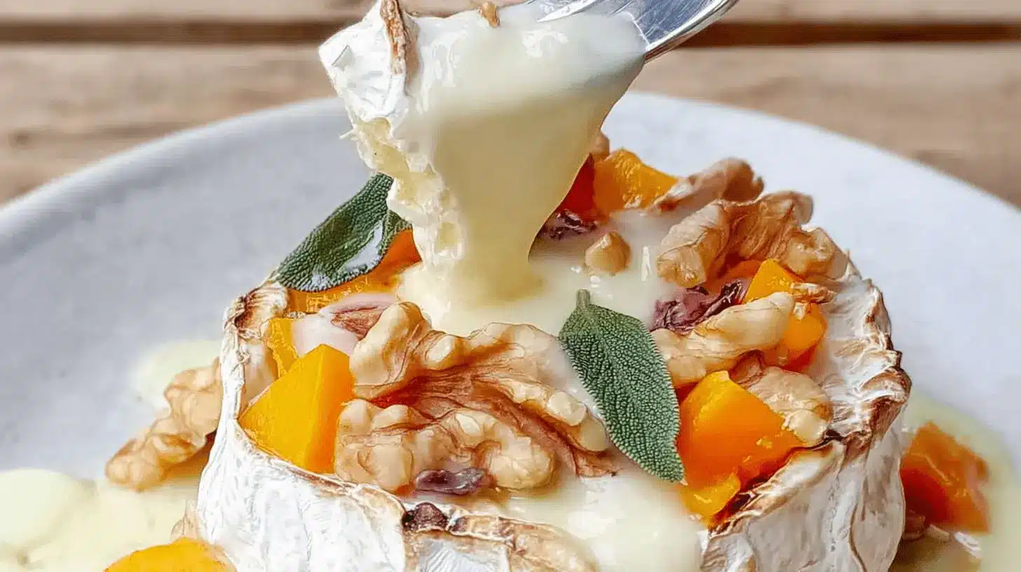 Close-up of gooey camembert au four being served with a spoon, topped with walnuts, orange pieces, and fresh sage.