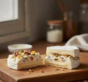 Recette de Camembert Farci aux Fruits Secs et Miel 5 Préparation du camembert farci : farce crémeuse aux fruits secs étalée sur une moitié du fromage avant de le refermer.