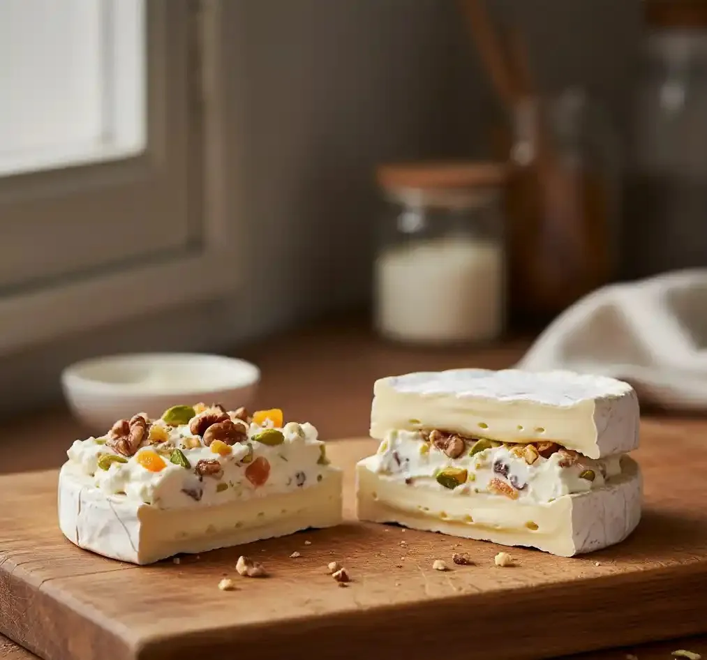 Recette de Camembert Farci aux Fruits Secs et Miel 3 Préparation du camembert farci : farce crémeuse aux fruits secs étalée sur une moitié du fromage avant de le refermer.