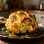 Chou-fleur entier rôti au four, doré et caramélisé, glaçage miel-cari, présenté sur un plat rustique.