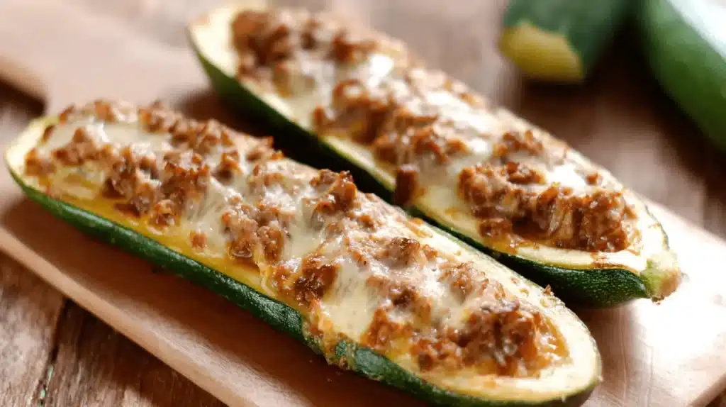 Courgettes farcies maison gratinées au fromage, cuites au four et servies sur une planche en bois.