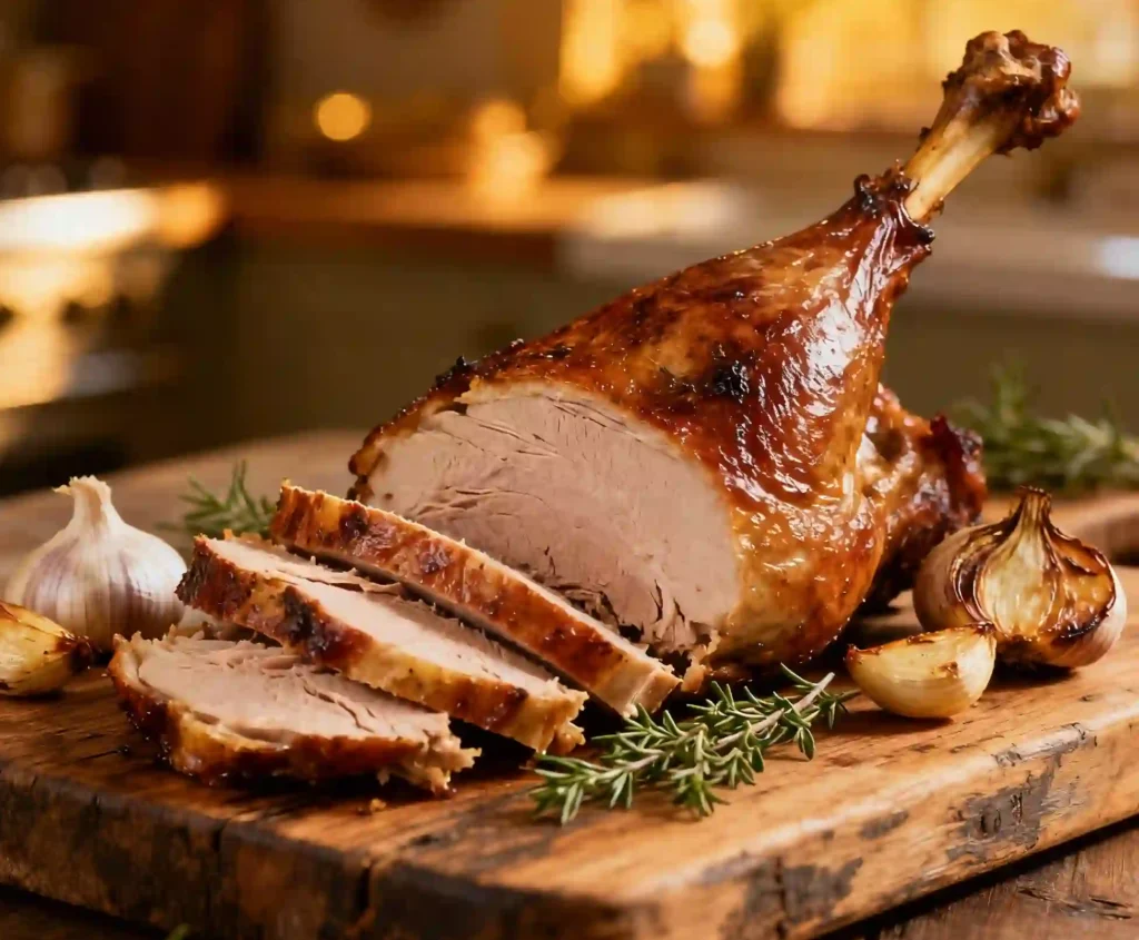 Cuisse de dinde au four tranchée, montrant la chair juteuse et la peau dorée et croustillante.