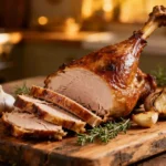 Cuisse de dinde au four tranchée, montrant la chair juteuse et la peau dorée et croustillante.