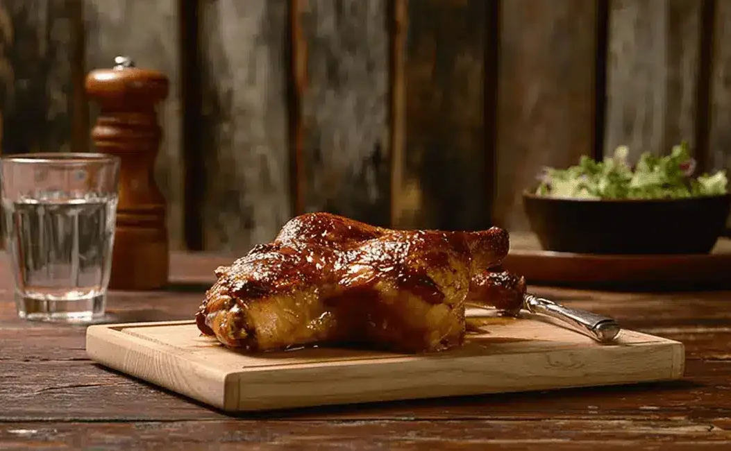 Cuisses de Poulet au Four Croustillantes : La Recette Facile et Inratable 4 Cuisses de poulet au four dorées et juteuses sur une planche en bois dans un cadre rustique.